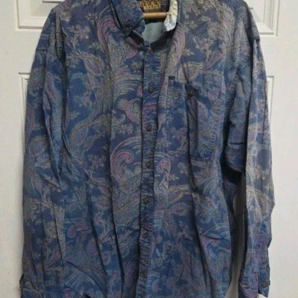 Vtg 90s Chaps Ralph Lauren Frontier Label Blue Paisley Long Sleeve Shirt XL